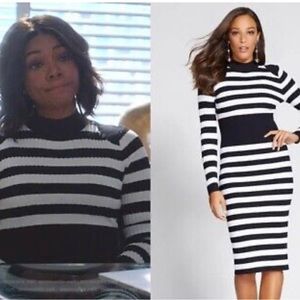 Gabrielle Union New York & Co Ribbed Midi Dress White Black Striped Size XL